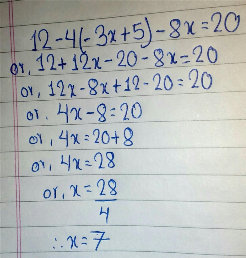 Re-write the equation after you distribute and combine all the like terms. 12-4(-3x-example-1