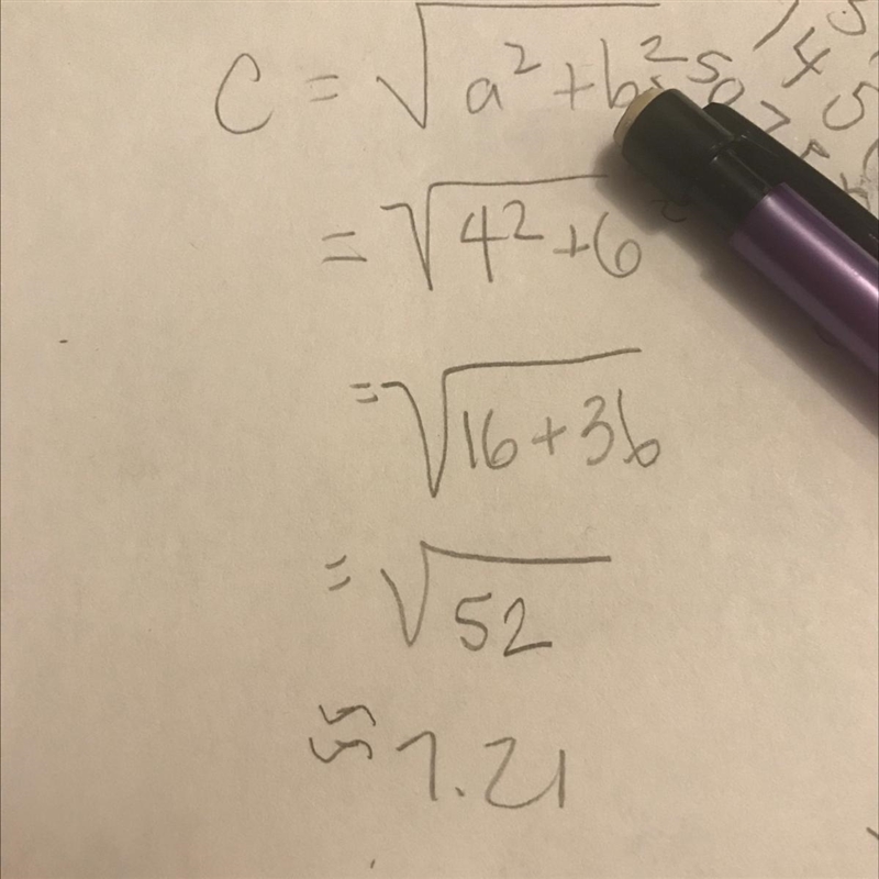 Find the length of the hypotenuse for a right triangle with sides of 4 and 6 as irrational-example-1