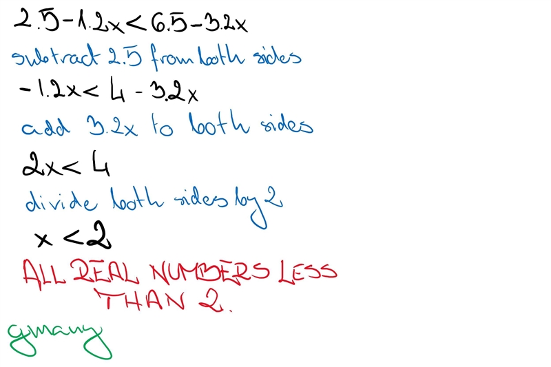 Which number line represents the solution to 2.5 – 1.2x < 6.5 – 3.2x?-example-1