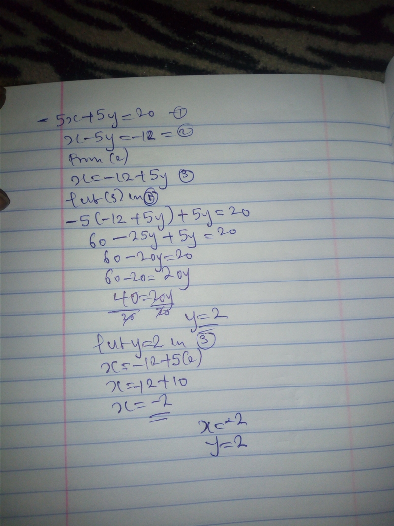 -5x+5y=20 x-5y=-12 Solve each system by substitution-example-1