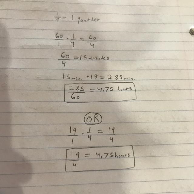 Jean practices for 19 quarter hour periods each month how many hours does she practice-example-1