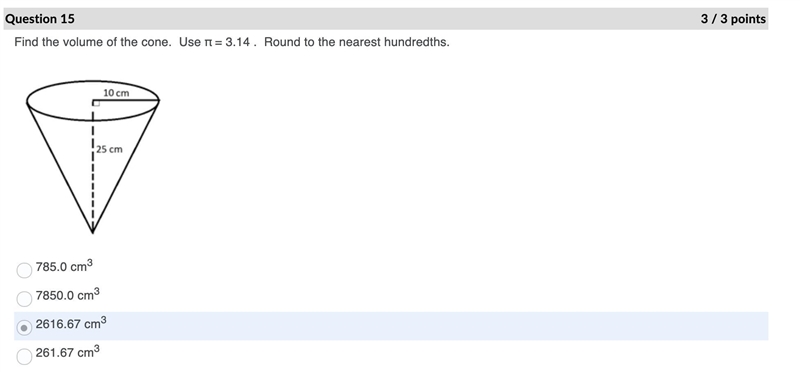 Find the volume of the cone. Use π = 3.14 . Round to the nearest hundredths. Question-example-1