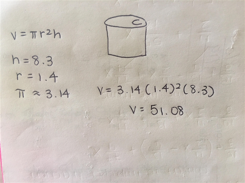 Find the volume of a beverage can that has a height of 8.3 in and a diameter of 2.8 in-example-1