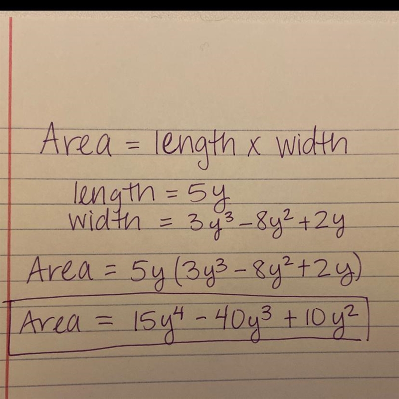 A rectangle has a height of 5y; and a width of 3y3 – 8y2 + 2y. Express the area of-example-1