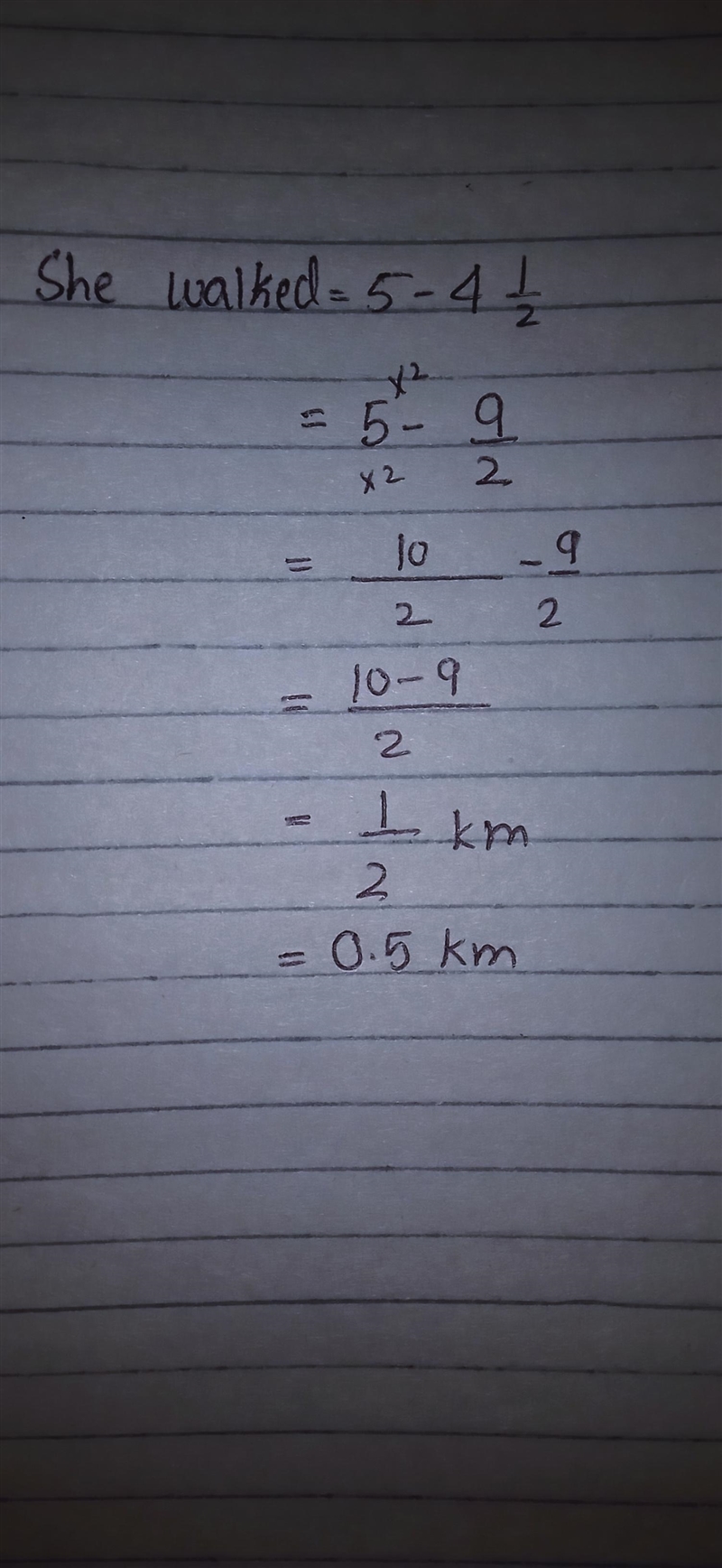 Sarika’s house is 5 km from her office. She covered 4 ½ by train and the remaining-example-1
