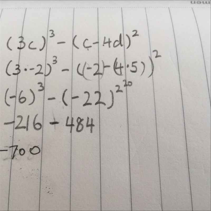 What is the solution to (3c)³ - (c-4d)² if c=-2 and d=5-example-1