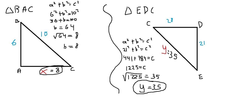 If ABC ~ DEC, find the values of x and y. help me pleaseee!!!-example-1