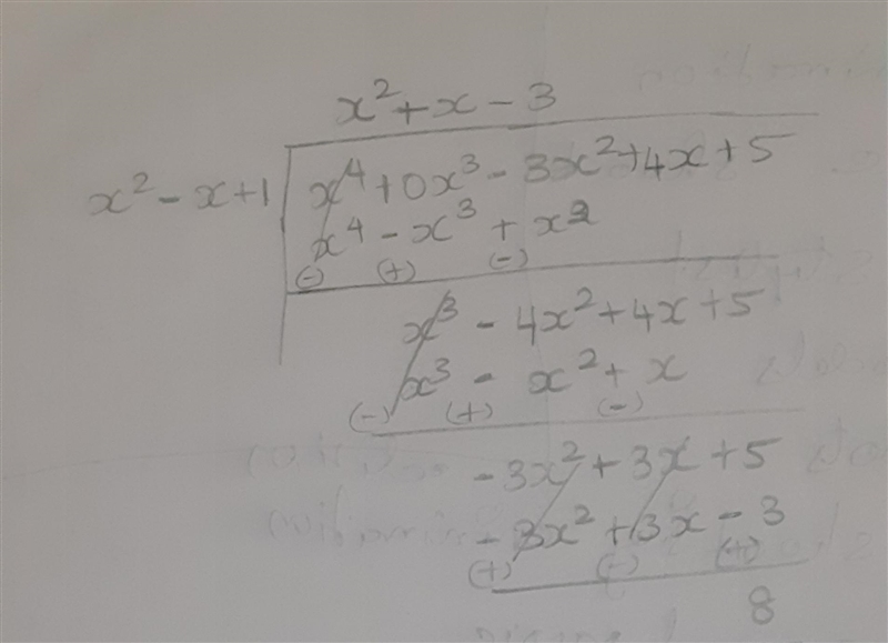 5. Divide 1) x4-3x2+4x+5 by x2+1-x 2) x3-3x2+5x-3 by x2-2 ​-example-1