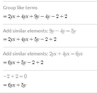 Simplify: 9y + 2xy -2 -4y +4xy +2-example-1