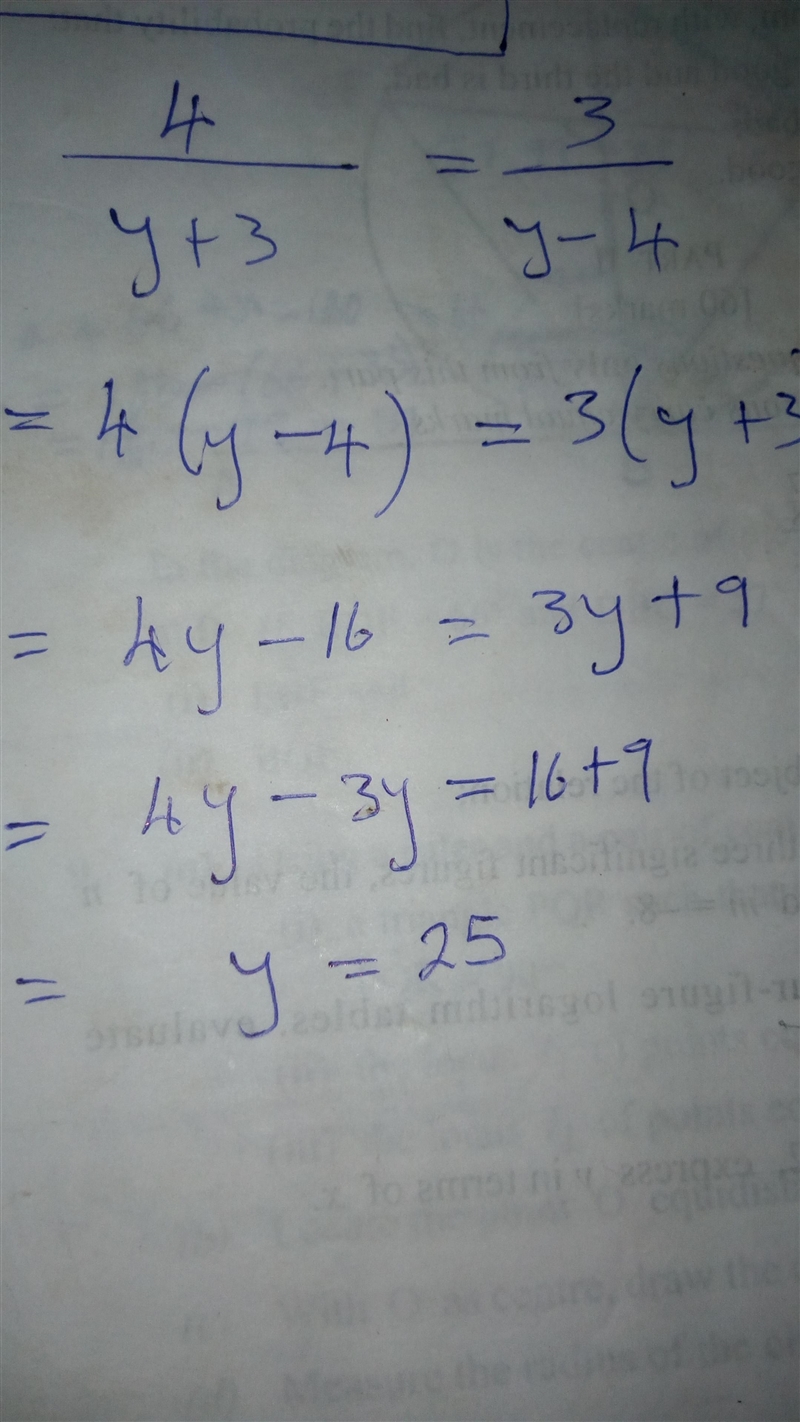 4/y+3 = 3/y-4 y = ? This is a proportionality and ratio problem-example-1