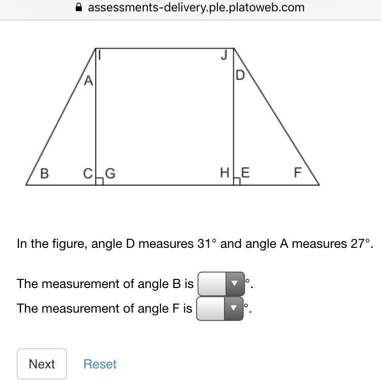 Select the correct answer from each drop-down menu. In the figure, angle D measures-example-1