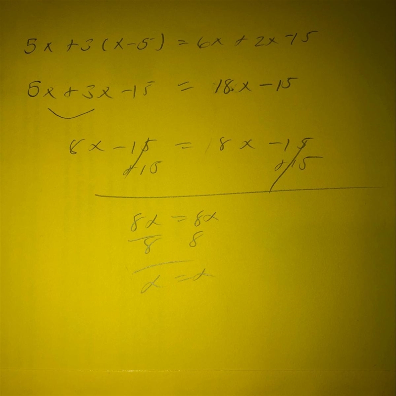 5x + 3(x-5) = 6x + 2x -15 solve the equation and write the number of solutions. Name-example-1