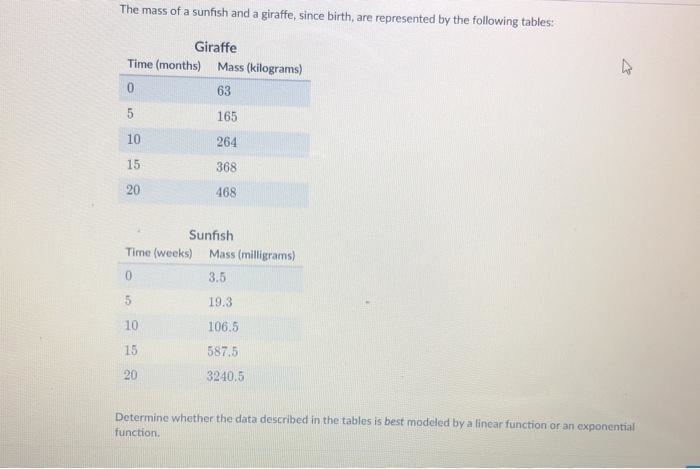 The mass of a sunfish and a giraffe, since birth, are represented by the following-example-1