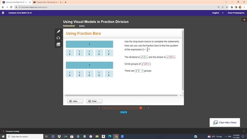 2 fraction bars. The first bar is labeled 1 with 5 boxes underneath that are labeled-example-1