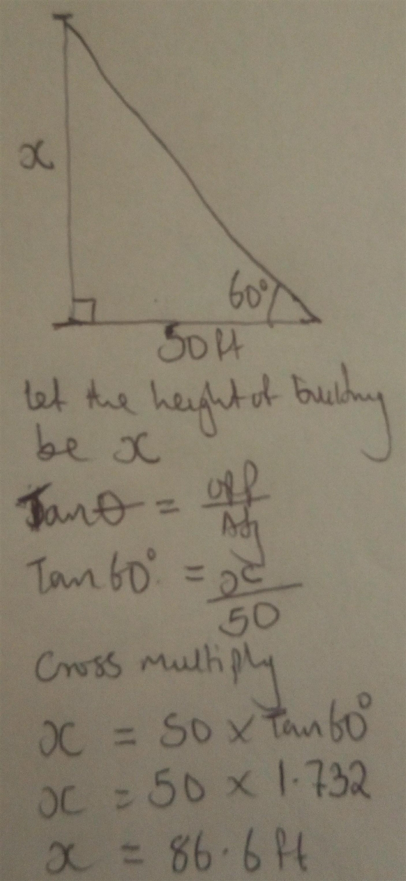 Aman is standing 50 feet from the base of a building. From where he stands, the angle-example-1