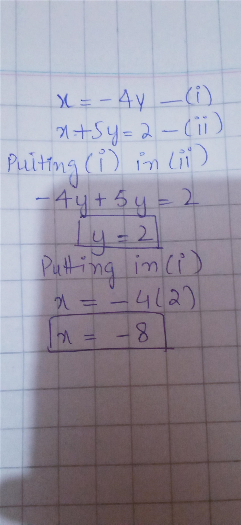 Solve the systems of equations by substitution x=-4y x+5y=2-example-1