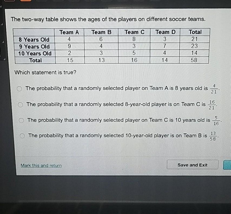 The two-way table shows the ages of the players on different soccer teams.-example-1