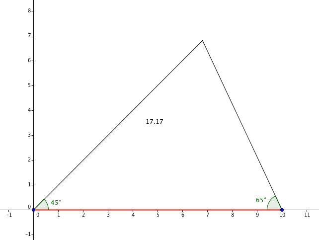 Kim is building a triangular dog pen. She will use an existing 10 m wall as one side-example-1