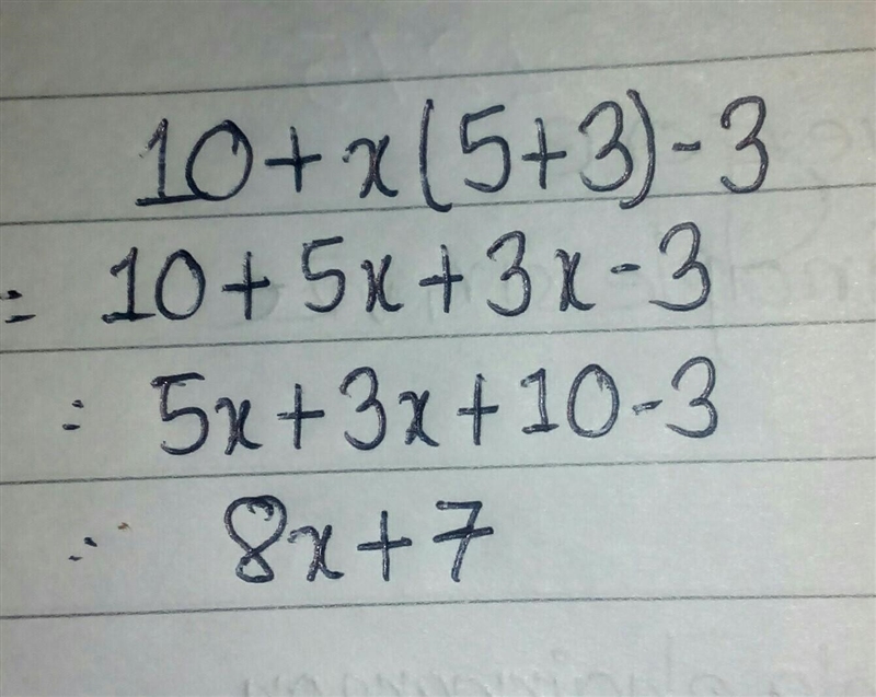 Select the statement that describes this expression: 10 + x (5 + 3) − 3.-example-1