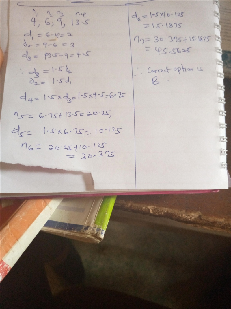 Find the next three terms of the sequence. 4, 6, 9, 13.5, . . . A. 15.5, 17.5, 19.5 B-example-1