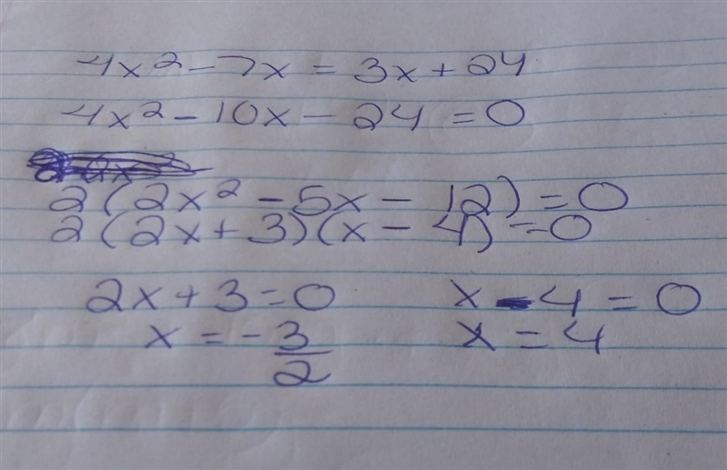 Which are solutions of the equation 4x2 - 7x = 3x + 24? Check all that apply. 0 x-example-1