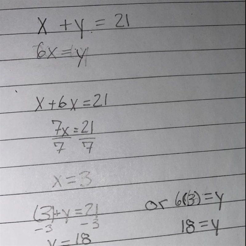 The sum of two numbers is 21 the second number is six times the first number work-example-1