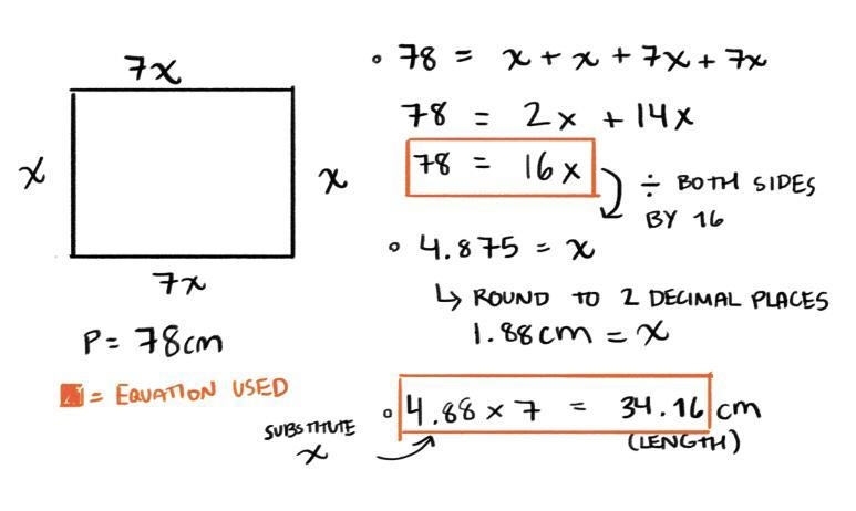 The perimeter of a rectangle is 78 cm. The length is 7 more than the width. Write-example-1