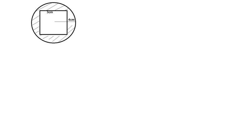 A 3 cm x 3 cm rectangle sits inside a circle with radius of 4 cm. What is the area-example-1