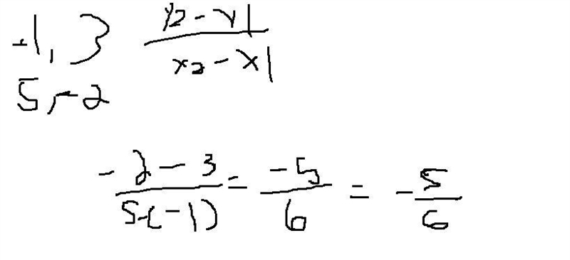 Find the slope of a line given the following two points: (-1, 3) and (5,-2).-example-1