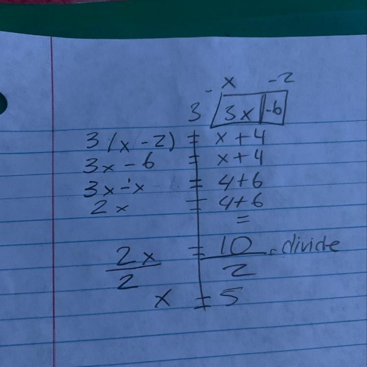 A sequence of steps for solving the equation 3(x-2)=x+4-example-1