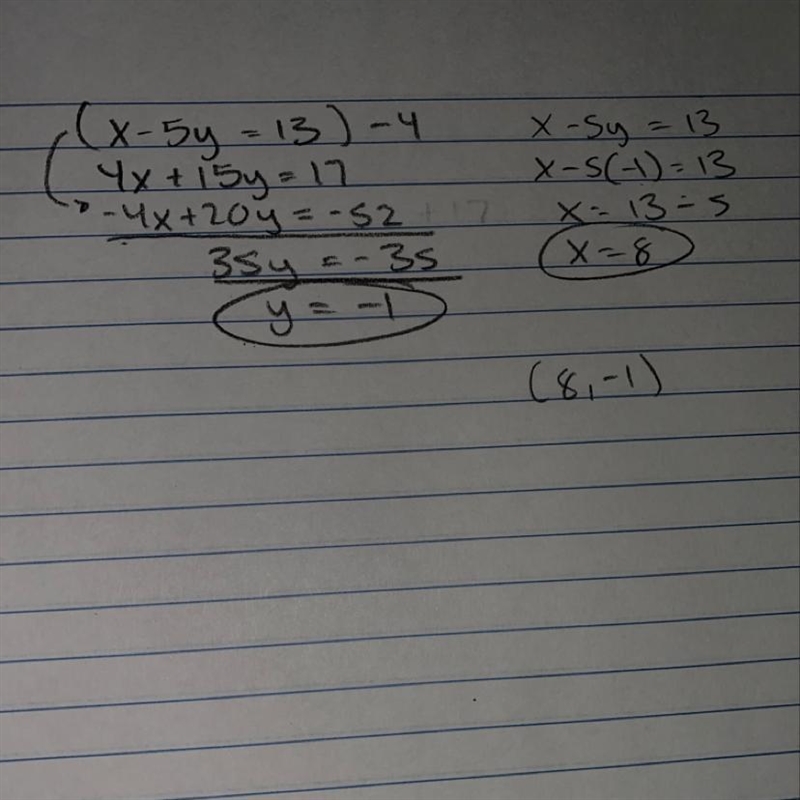 Solve the following system of equations using the elimination method. x – 5y = 13 4x-example-1