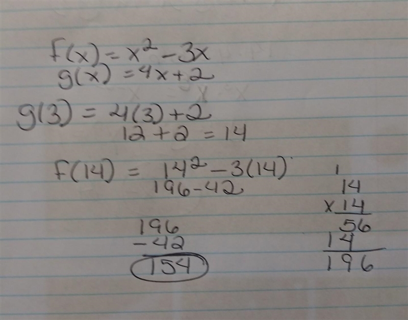 If f(x) = x2 – 3x and g(x) = 4x + 2, which of the following is equal to f(g(3))?-example-1