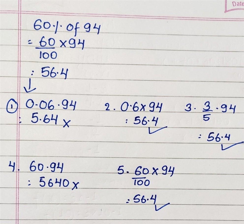 Which of the following options have the same value as 60% of 94?-example-1