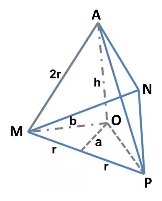 Given: MPNA pyramid All edges congruent AO = 36, AO ⊥ (MNP) Find: m∠AMO, AΔANM-example-1