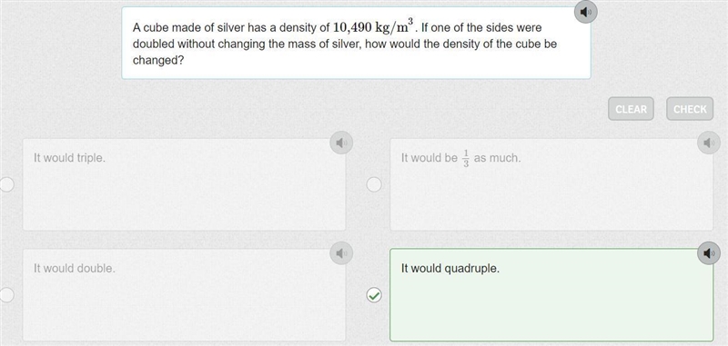 A cube made a silver has a density of 10,490 kg/m^3. If one of the sides were doubled-example-1