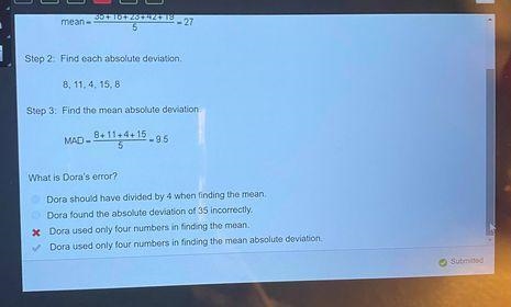 Dora calculated the mean absolute deviation for the data set 35, 16, 23, 42, and 19. Her-example-1