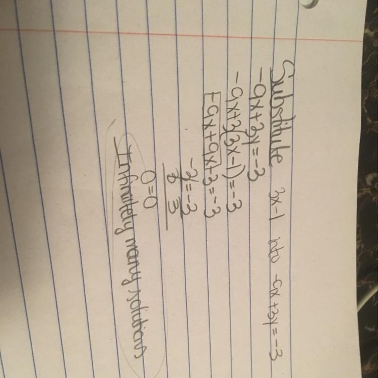 Solve the system with substitution: y=3x-1 and -9x+3y=-3-example-1