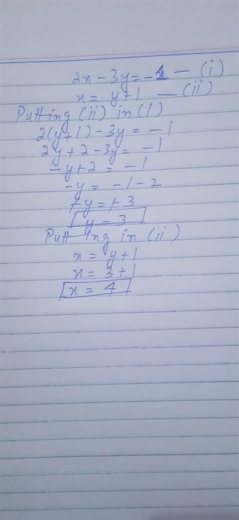 solve the system of equations below using substitution. 2x - 3y = -1 x = y + 1 What-example-1