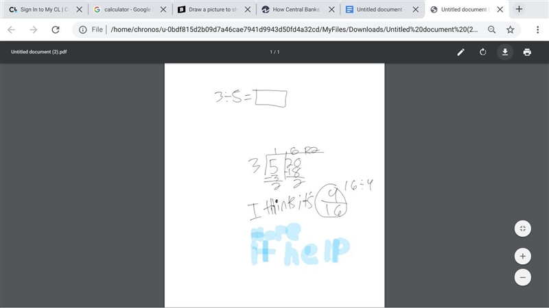 Draw a picture to show the division. Express your answer as a fraction. 3÷5=​-example-1