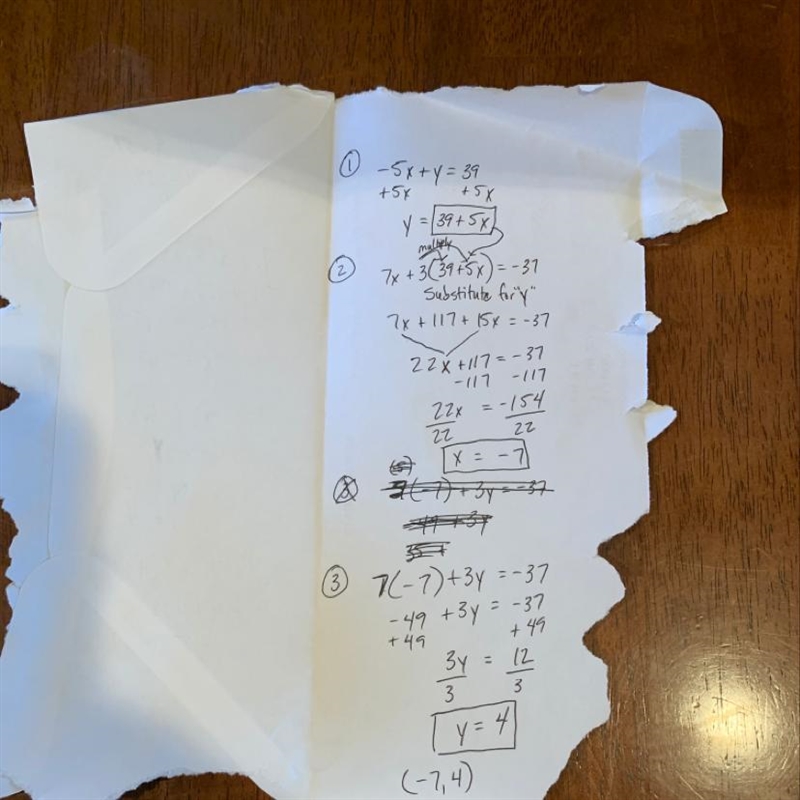 Solve by using the substitution method. 7x+3y=-37 -5x+y=39-example-1