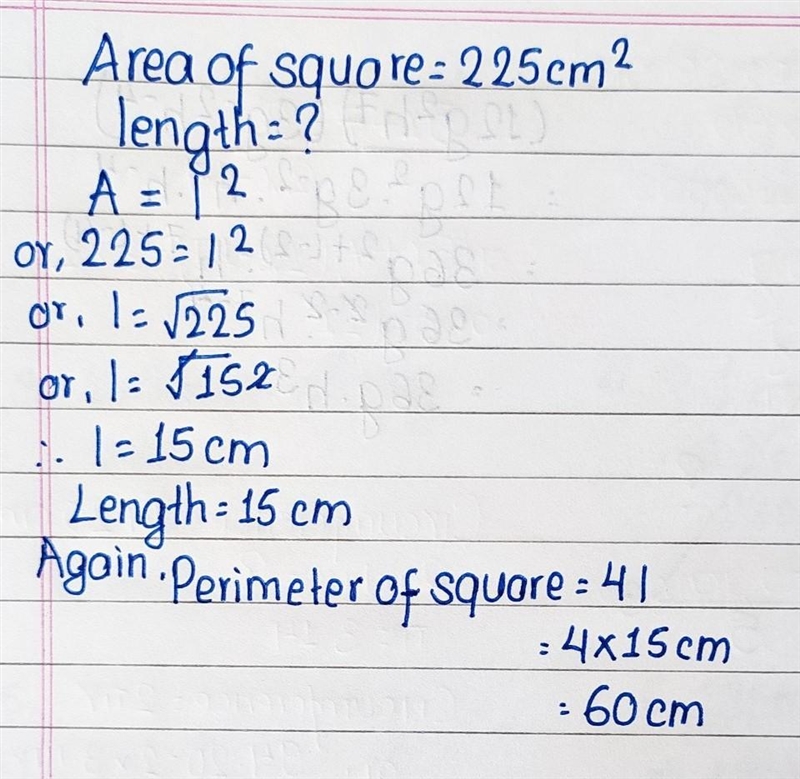 What is the perimeter of a square with an area of 225 cm?? A) 15 cm B) 30 cm C 60 cm-example-1