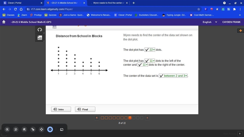 Wynn needs to find the center of the data set shown on the dot plot. The dot plot-example-1