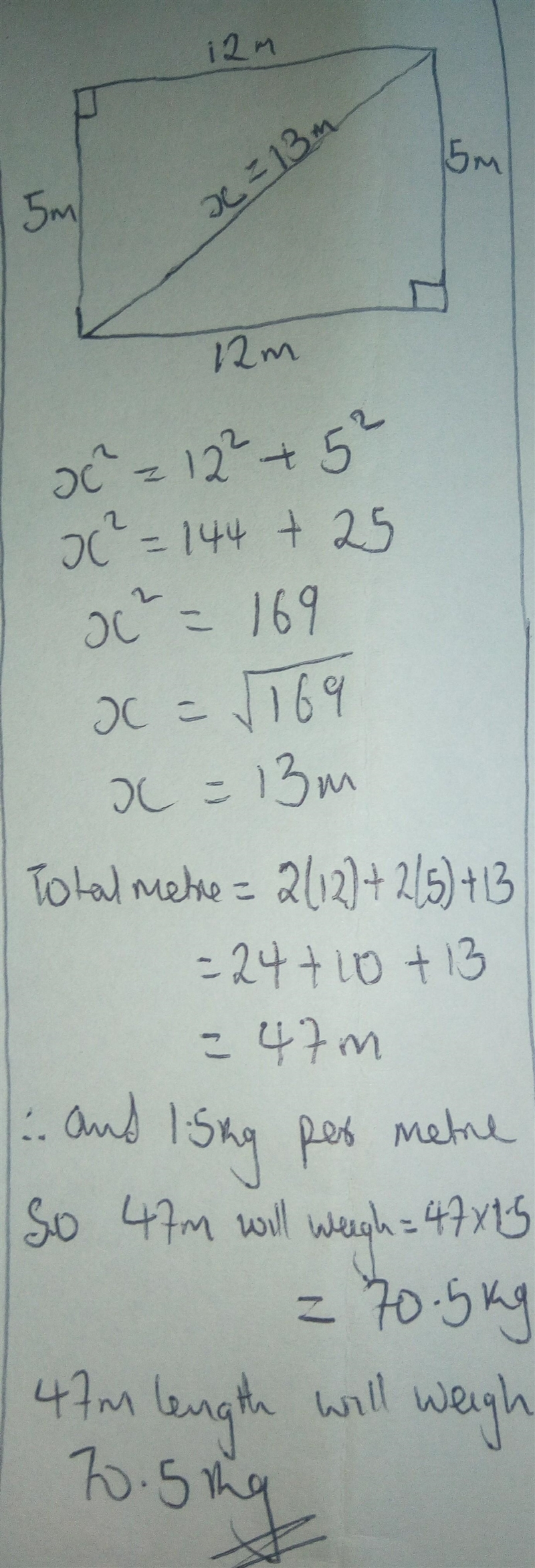 25 This rectangular frame is made from 5 straight pieces of metal. 5 m 12 m The weight-example-1
