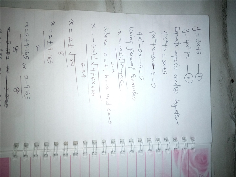 Solve the simultaneous equations: y=3x+5 y=4x²+x Give your answer correct to 2 decimal-example-1