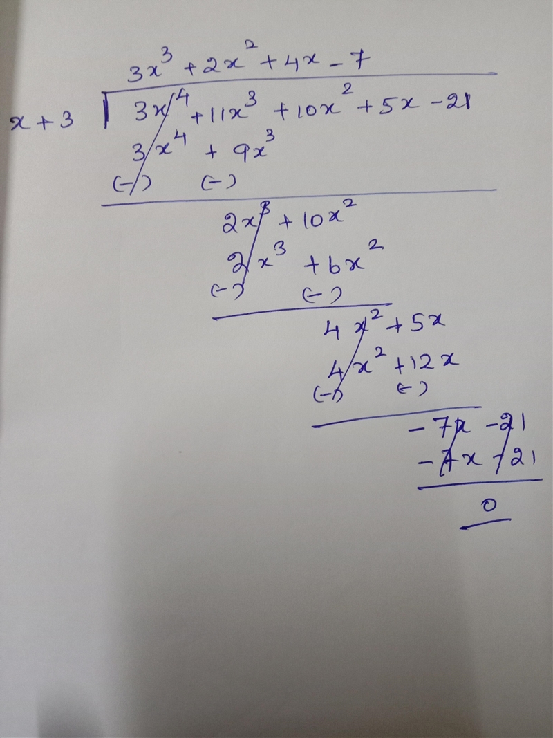 Divide: (3x^4+11x^3+10x^2+5x-21) / ( x+3). Synthetic division is recommended, but-example-1