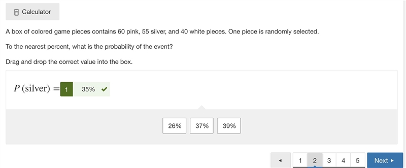 A box of colored game pieces contains 60 pink, 55 silver, and 40 white pieces. One-example-1