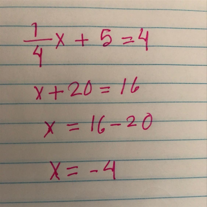 What is 1/4x+5=4 ??-example-1