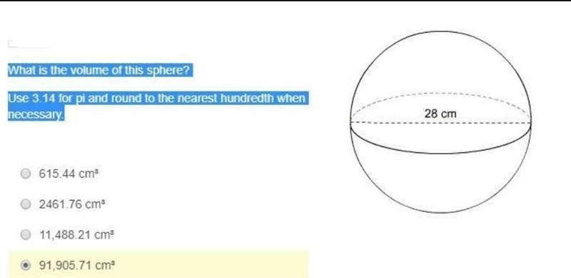 What is the volume of this sphere? Use 3.14 for pi and round to hundredth when necessary-example-1