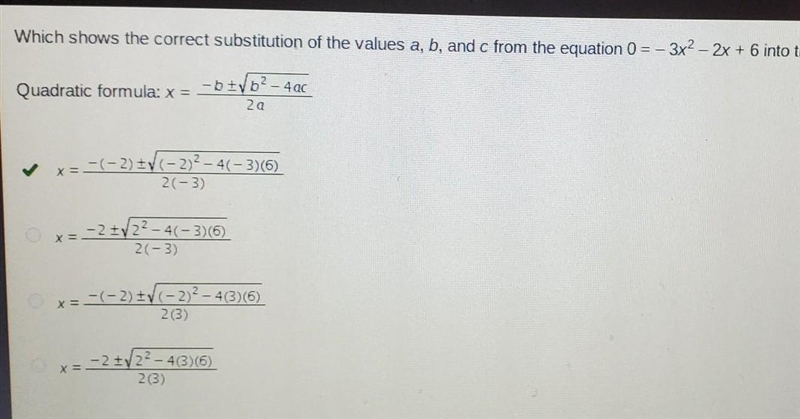 Which shows the correct substitution of the value a, b, and c from the equation 0=-3x-example-1