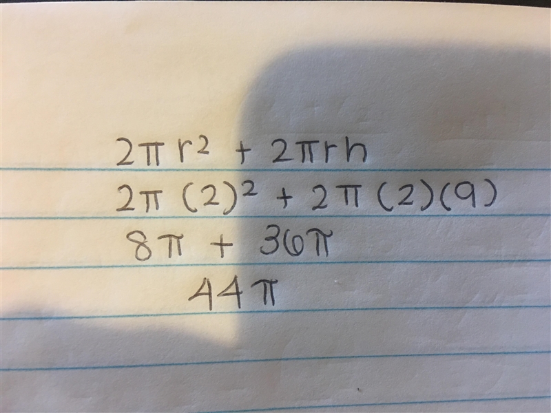 What is the surface area of a cylinder with base redius 2 and height 9-example-1